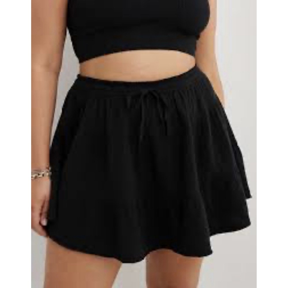Aerie NWT Tiered Cotton Mini Skirt W/ Elastic Drawstring Waist Black Women's M